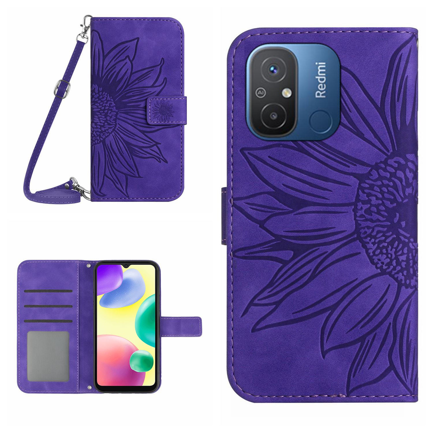 HT04 Leather Cover for Xiaomi Redmi 11A 4G 12C 4G Sunflower Imprinted Stand Wallet Phone Case with Shoulder Strap HT04 Leather Cover for Xiaomi Redmi 11A 4G 12C 4G Sunflower Imprinted Stand Wallet Phone Case with Shoulder Strap